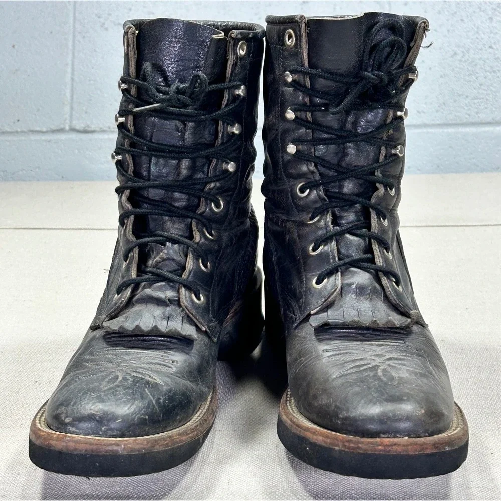 Vintage Justin Men's 8 1/2 B Black Leather Boots Lace‎ Up Speed Lacing Made USA